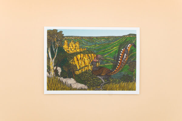 Superb Lyrebird with the Blue Mountains Three Sisters